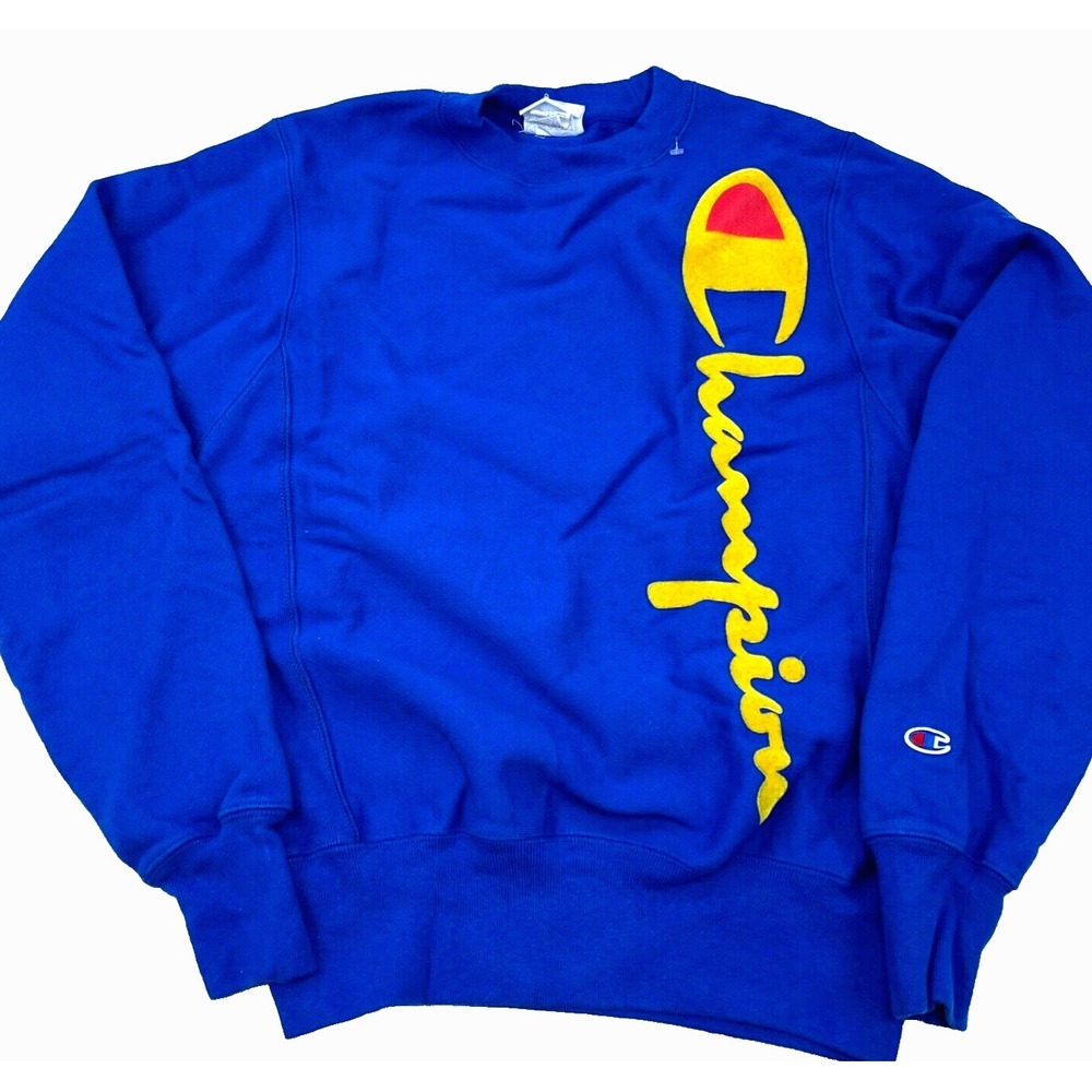 Champion Sweatshirt Men XS Blue Yellow Crew Neck Sweater Reverse Weave Spell Out